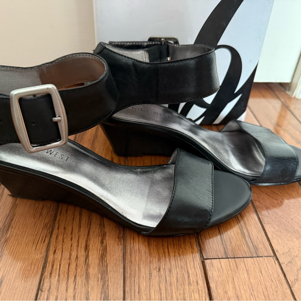 Nine West Black Leather Wedge Sandals with Buckle Accent - Picture 3 of 8